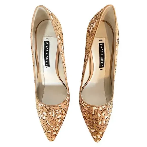 Alice + Olivia Dina Three Laser Cut Cork Pointed Toe Stiletto Pumps EU 40 Italy - Picture 5 of 10